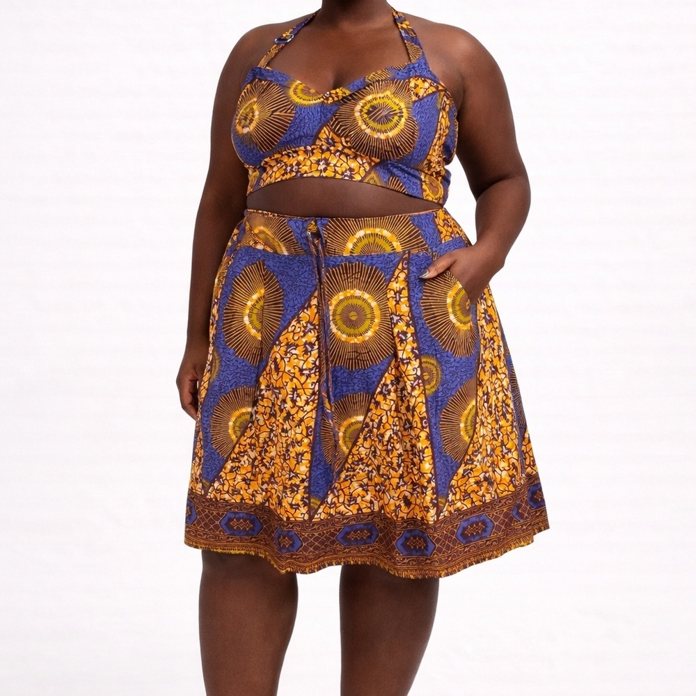 Vibrant Blue and Orange Halter Top and Skirt Set